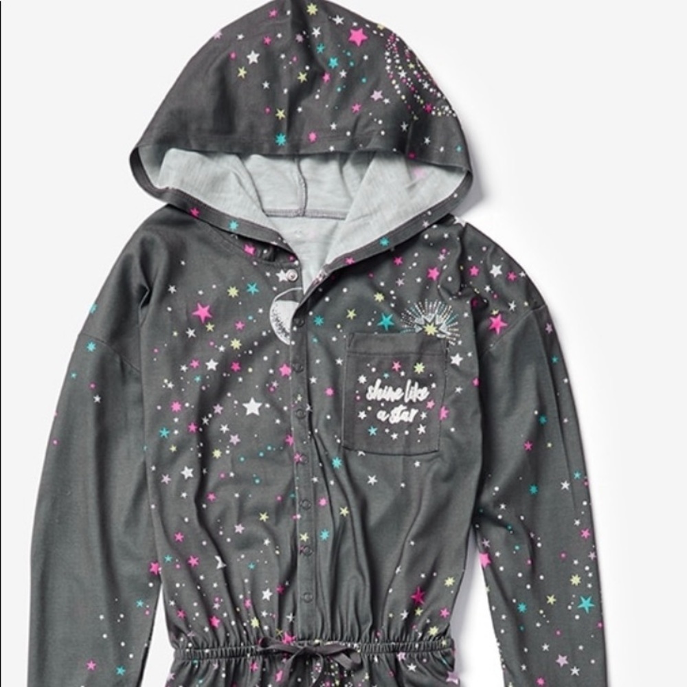 NWT justice pajamas sz 6 “starry night” one piece full zip hood gray white